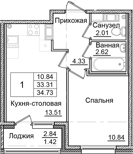 Планировка — Квартал Заречье, 1-комн., 33 м²