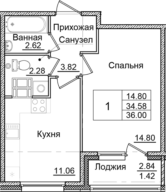 Планировка — Квартал Заречье, 1-комн., 35 м²