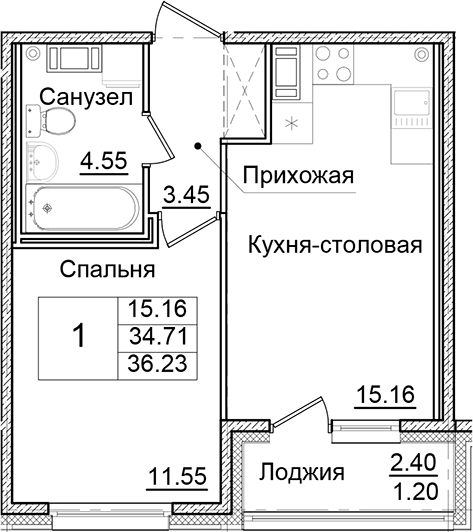 Планировка — Квартал Заречье, 1-комн., 35 м²