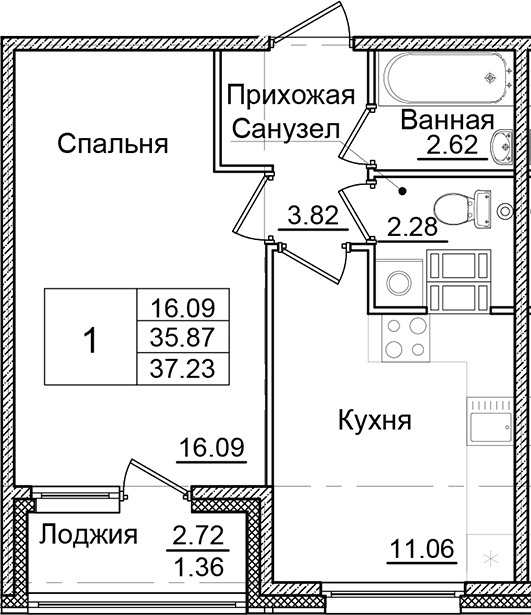 Планировка — Квартал Заречье, 1-комн., 36 м²
