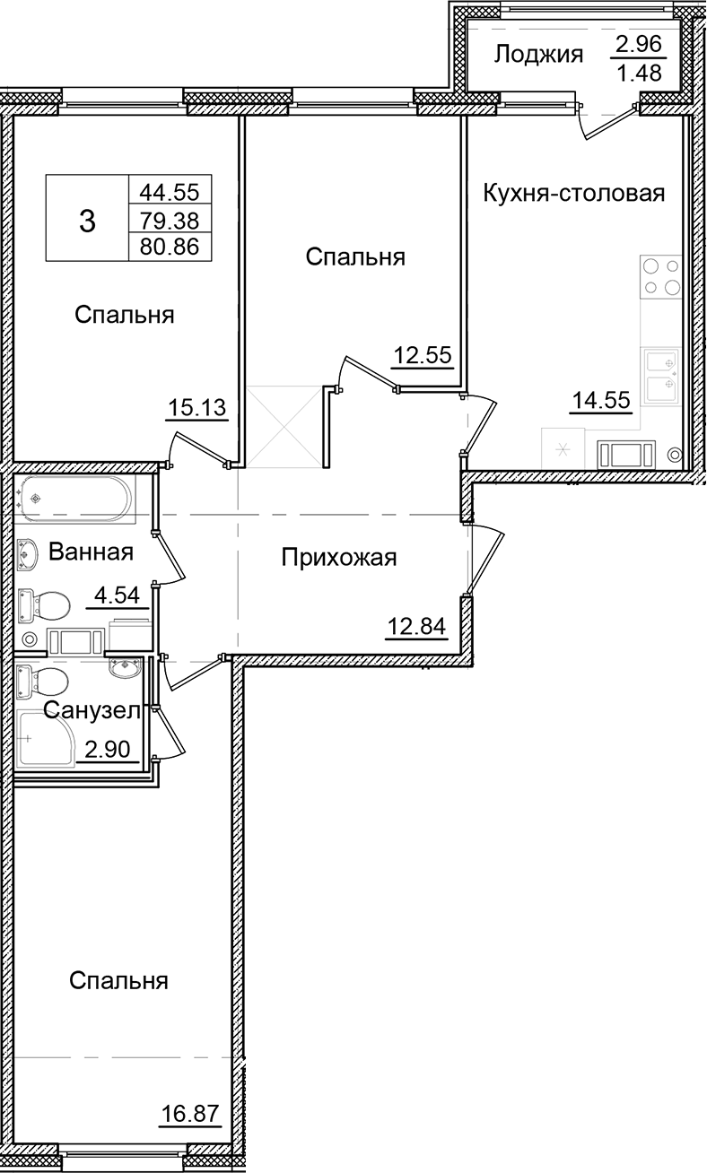 Планировка — Квартал Заречье, 3-комн., 79 м²