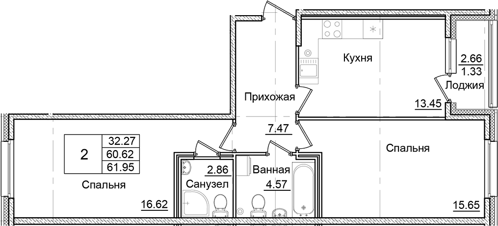 Планировка — Квартал Заречье, 2-комн., 61 м²