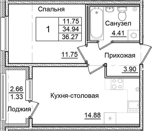 Планировка — Квартал Заречье, 1-комн., 35 м²