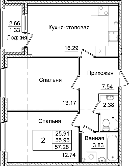 Планировка — Квартал Заречье, 2-комн., 56 м²