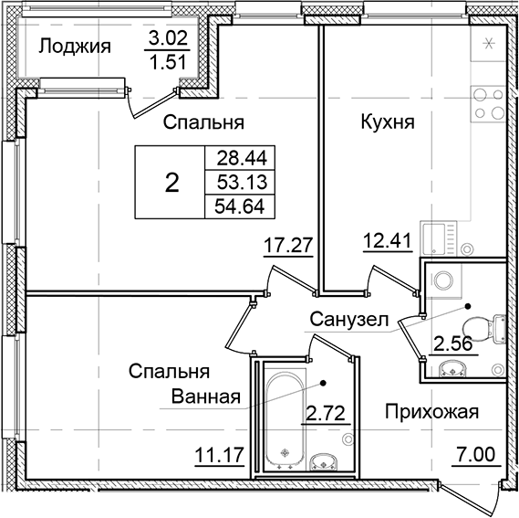 Планировка — Квартал Заречье, 2-комн., 53 м²