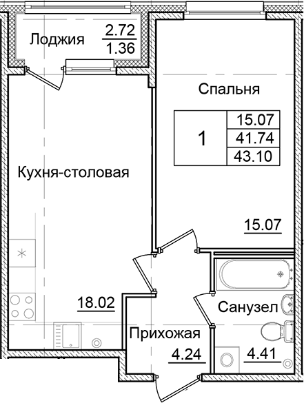 Планировка — Квартал Заречье, 1-комн., 42 м²