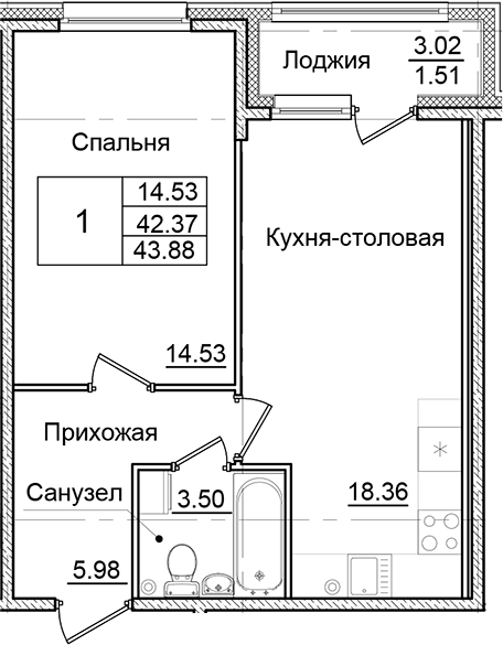 Планировка — Квартал Заречье, 1-комн., 42 м²