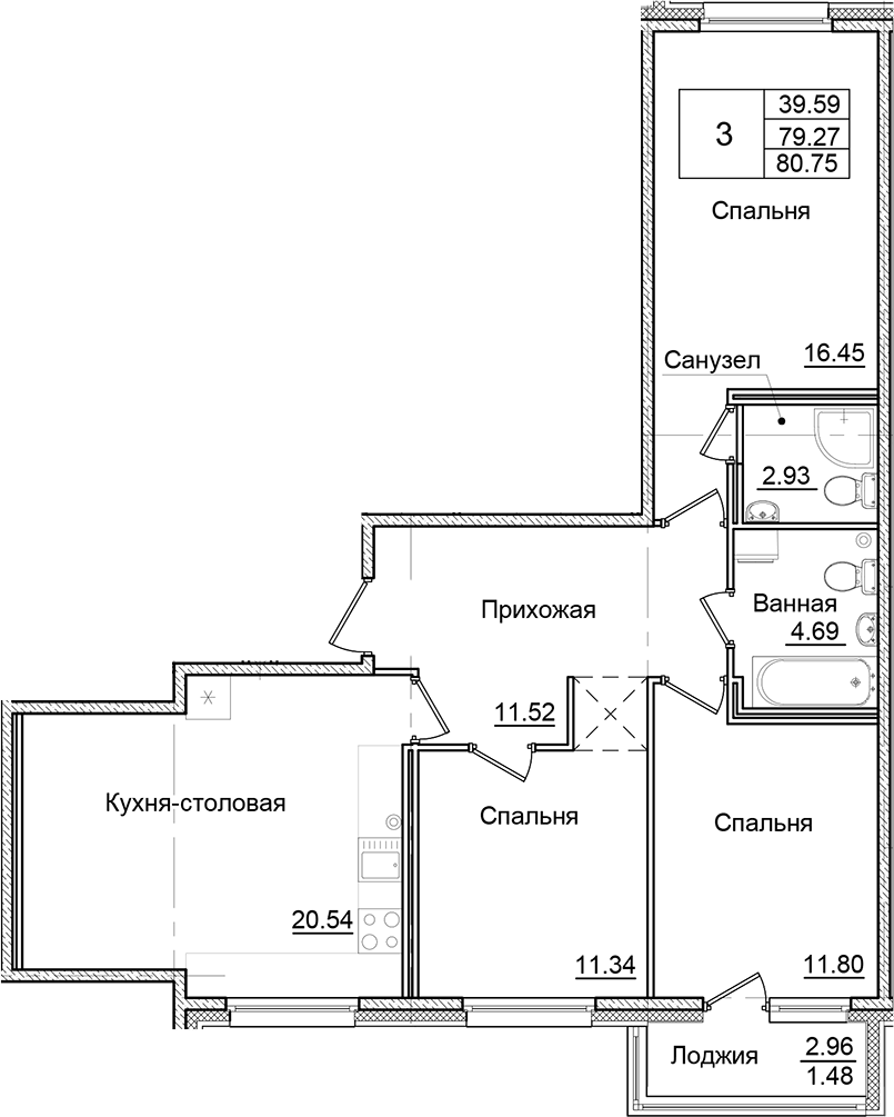 Планировка — Квартал Заречье, 3-комн., 79 м²