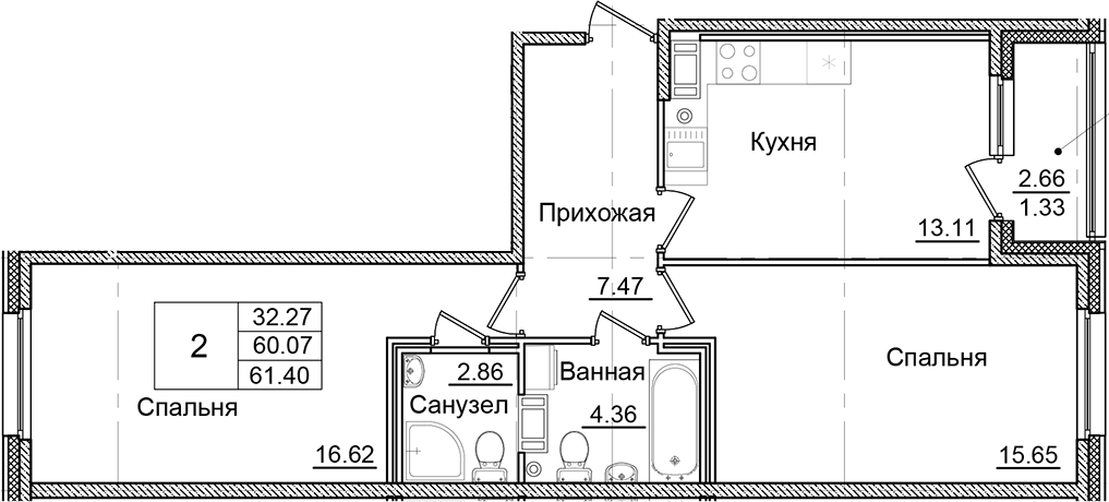 Планировка — Квартал Заречье, 2-комн., 60 м²