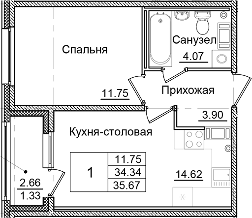 Планировка — Квартал Заречье, 1-комн., 34 м²