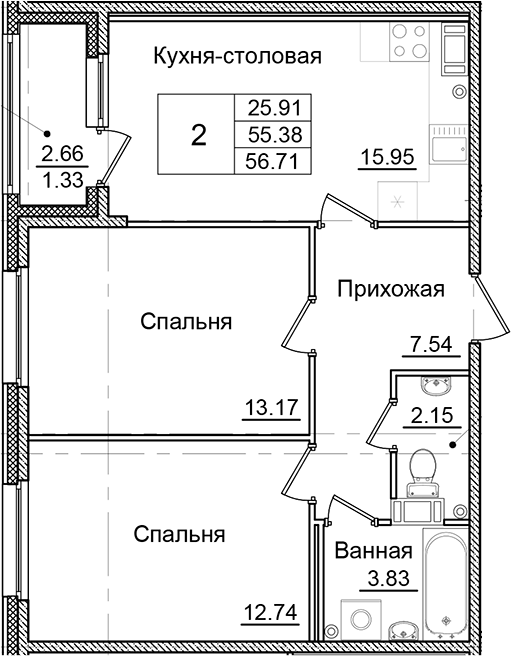 Планировка — Квартал Заречье, 2-комн., 55 м²