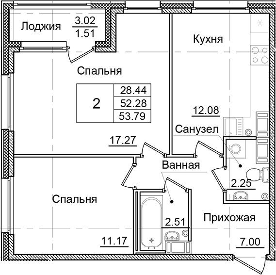 Планировка — Квартал Заречье, 2-комн., 52 м²
