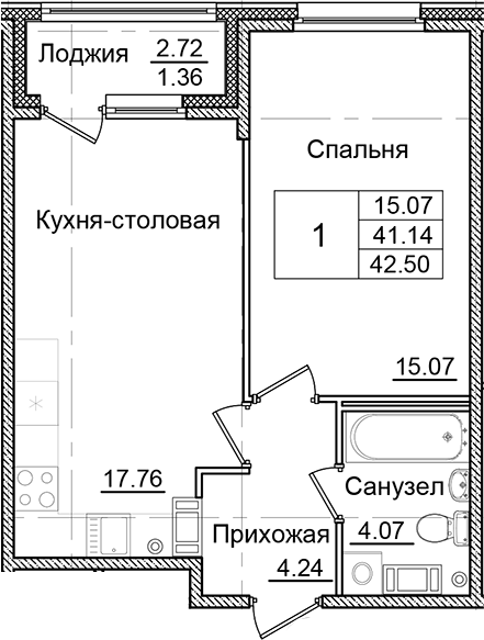 Планировка — Квартал Заречье, 1-комн., 41 м²