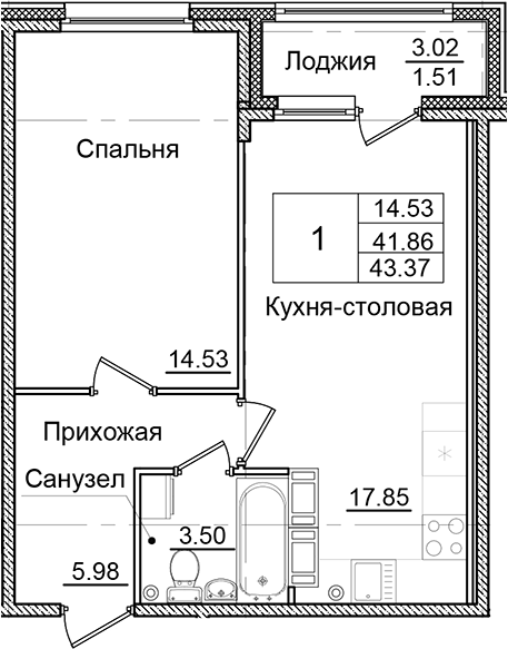 Планировка — Квартал Заречье, 1-комн., 42 м²