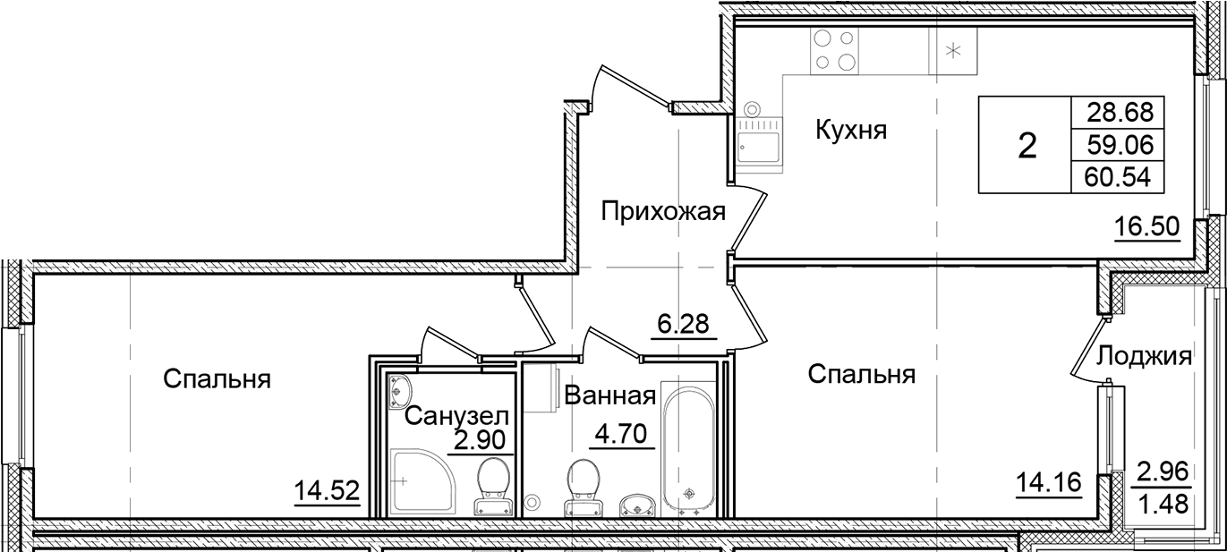 Планировка — Квартал Заречье, 2-комн., 59 м²