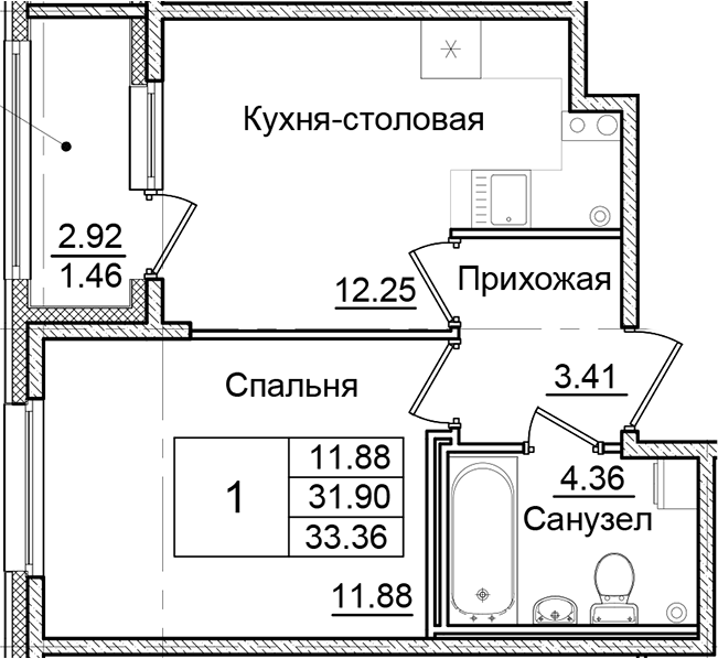 Планировка — Квартал Заречье, 1-комн., 32 м²