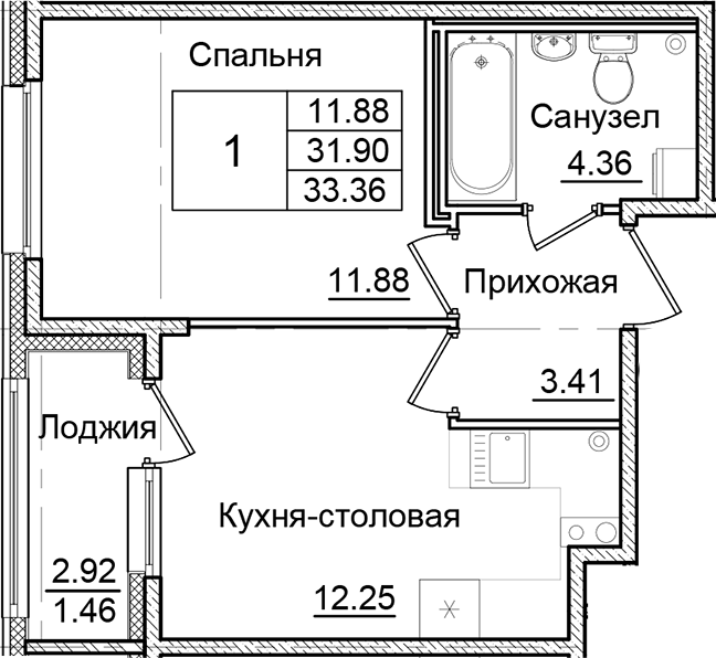 Планировка — Квартал Заречье, 1-комн., 32 м²