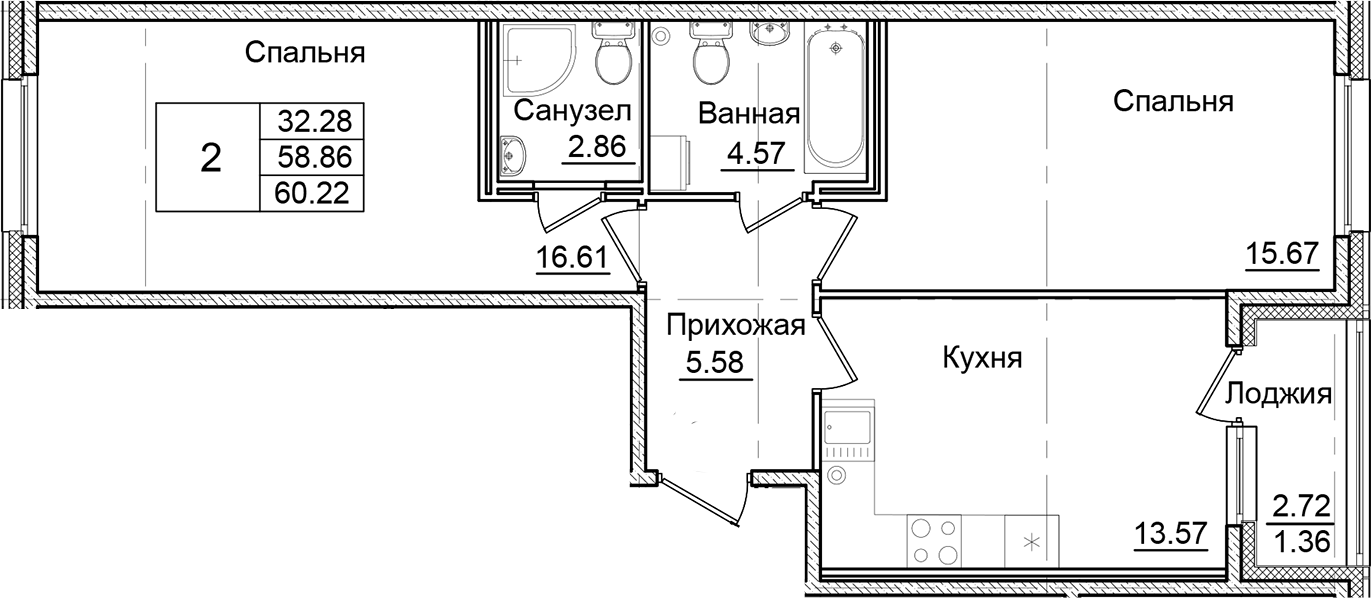 Планировка — Квартал Заречье, 2-комн., 59 м²
