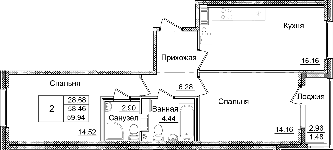 Планировка — Квартал Заречье, 2-комн., 58 м²