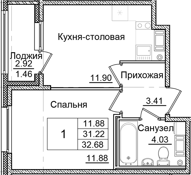 Планировка — Квартал Заречье, 1-комн., 31 м²