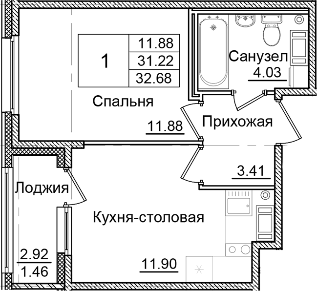 Планировка — Квартал Заречье, 1-комн., 31 м²