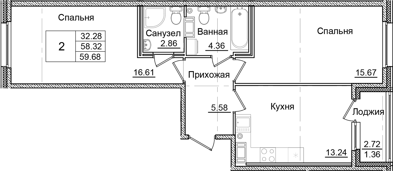 Планировка — Квартал Заречье, 2-комн., 58 м²