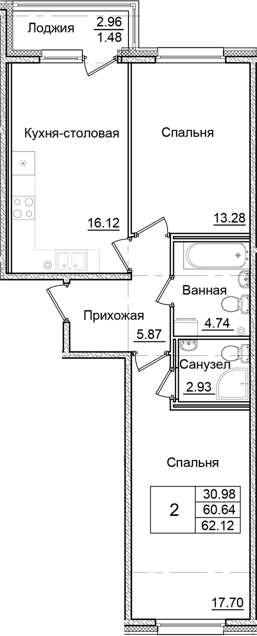Планировка — Квартал Заречье, 2-комн., 61 м²