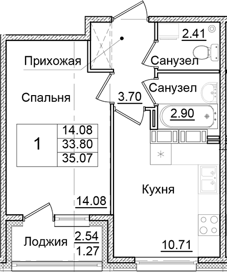 Планировка — Квартал Заречье, 1-комн., 34 м²
