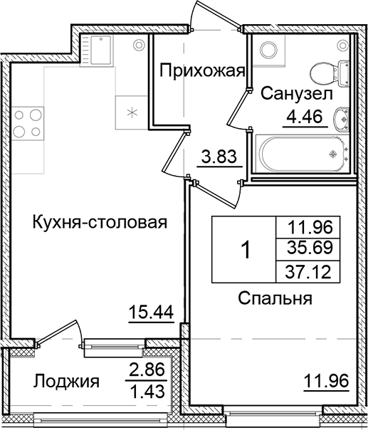 Планировка — Квартал Заречье, 1-комн., 36 м²