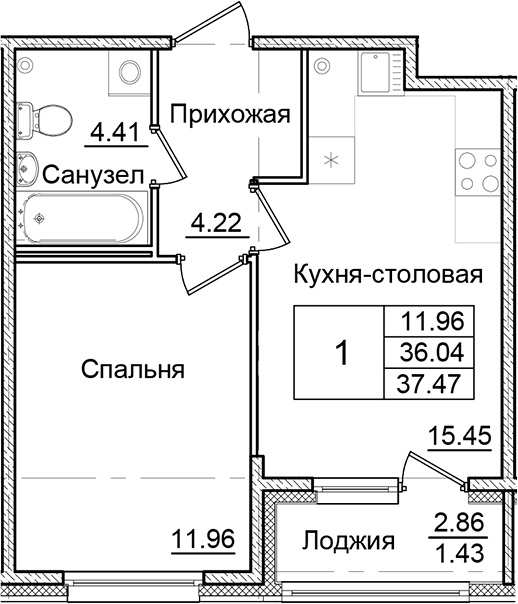 Планировка — Квартал Заречье, 1-комн., 36 м²