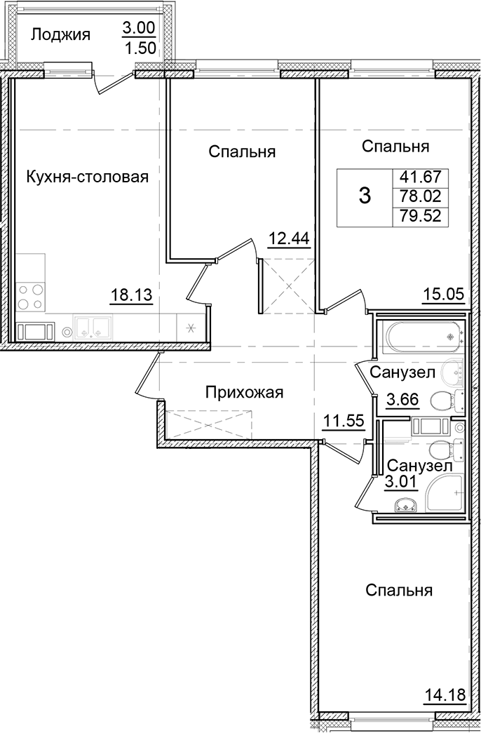 Планировка — Квартал Заречье, 3-комн., 78 м²