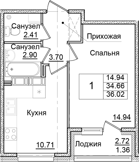 Планировка — Квартал Заречье, 1-комн., 35 м²