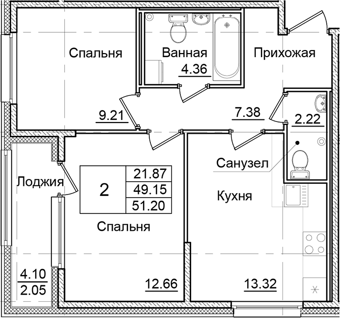 Планировка — Квартал Заречье, 2-комн., 49 м²
