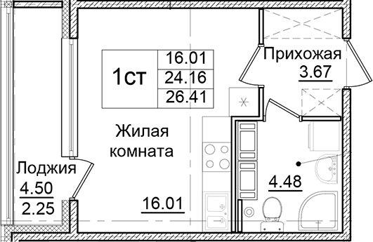 Планировка — Квартал Заречье, Студия, 24 м²