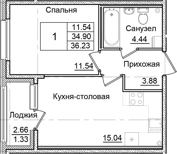 Планировка — Квартал Заречье, 1-комн., 35 м²