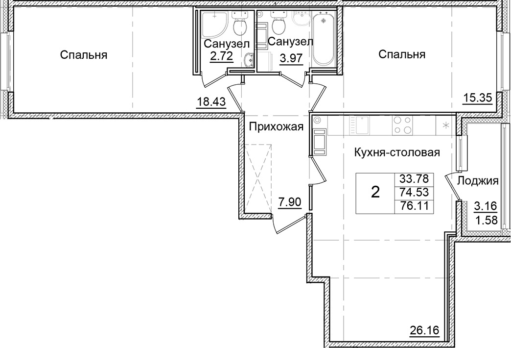 Планировка — Квартал Заречье, 2-комн., 75 м²