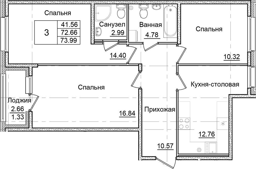 Планировка — Квартал Заречье, 3-комн., 73 м²