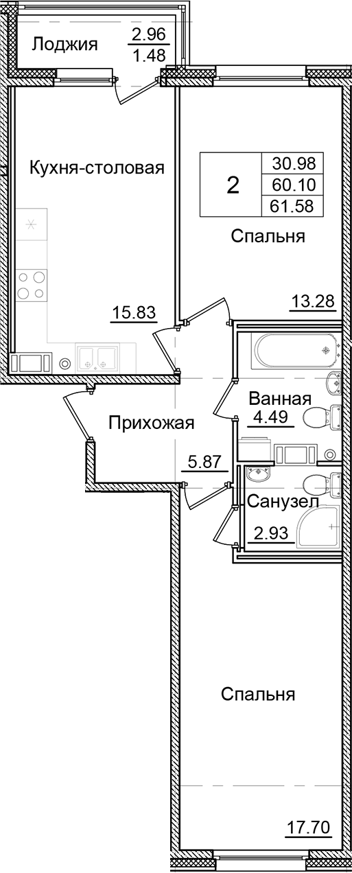 Планировка — Квартал Заречье, 2-комн., 60 м²