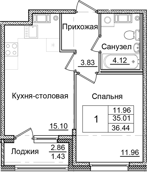 Планировка — Квартал Заречье, 1-комн., 35 м²