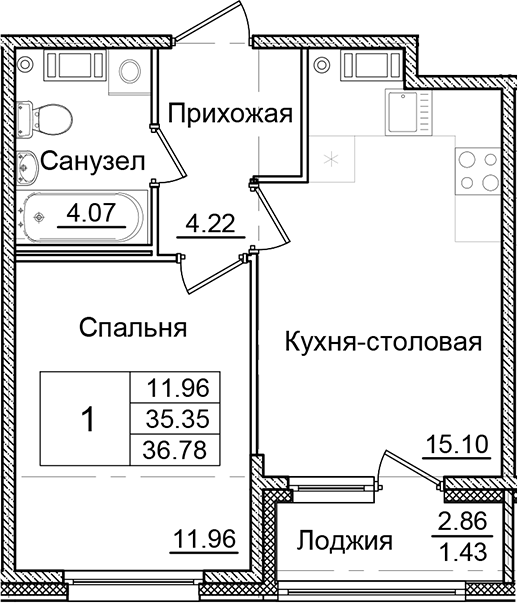 Планировка — Квартал Заречье, 1-комн., 35 м²