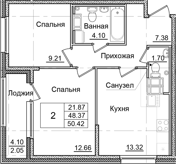 Планировка — Квартал Заречье, 2-комн., 48 м²