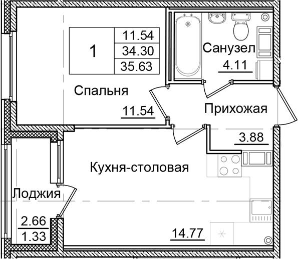 Планировка — Квартал Заречье, 1-комн., 34 м²