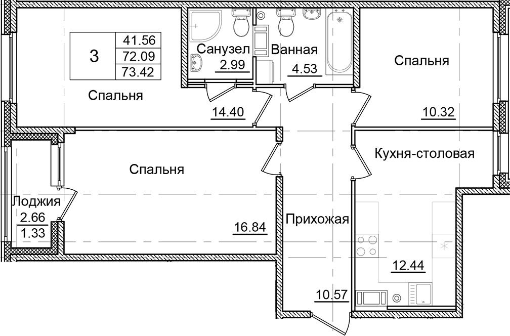 Планировка — Квартал Заречье, 3-комн., 72 м²