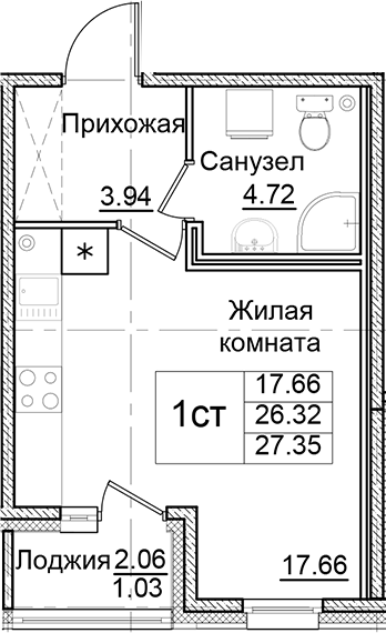 Планировка — Квартал Заречье, Студия, 26 м²