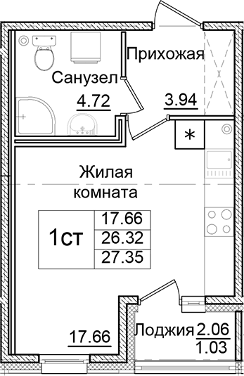 Планировка — Квартал Заречье, Студия, 26 м²