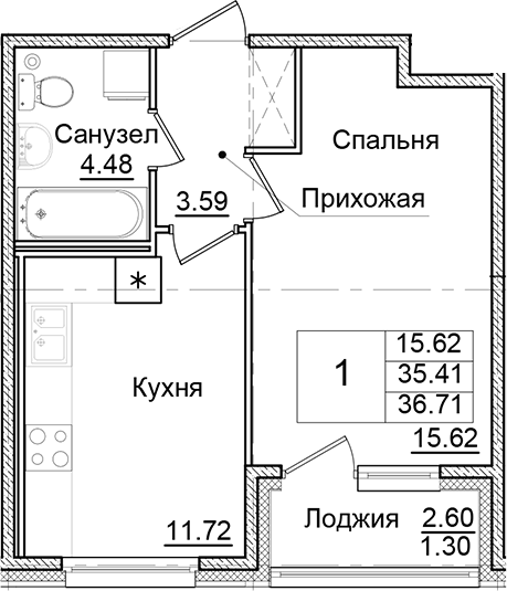 Планировка — Квартал Заречье, 1-комн., 35 м²