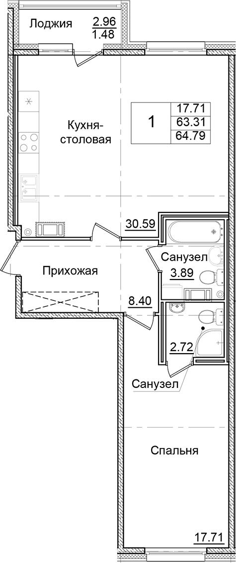 Планировка — Квартал Заречье, 1-комн., 63 м²