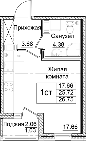 Планировка — Квартал Заречье, Студия, 26 м²