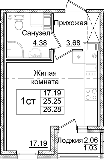 Планировка — Квартал Заречье, Студия, 25 м²