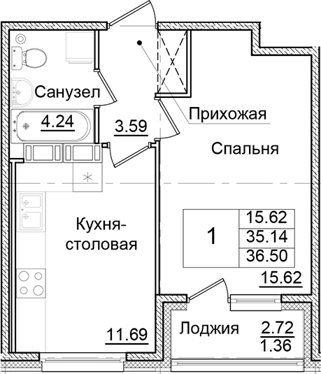 Планировка — Квартал Заречье, 1-комн., 35 м²